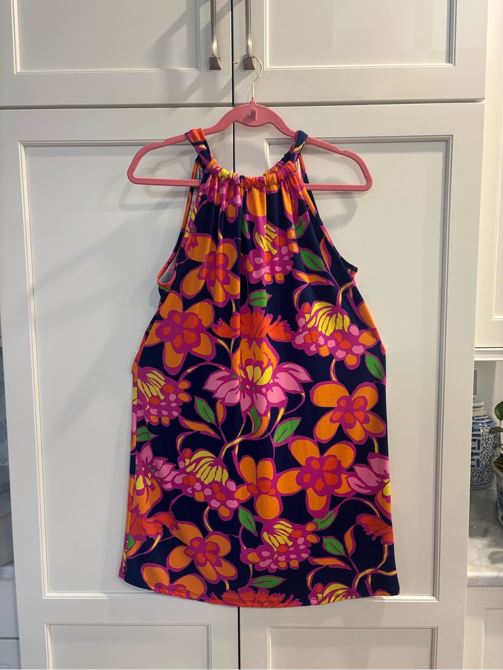 Trina Turk Navy Floral Halter Mini Dress with Orange, Pink & Green